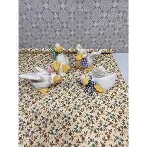 Vintage Ceramic Duck Figurines with Gingham Ribbon Bows Lot of 4 Home Decor Bird